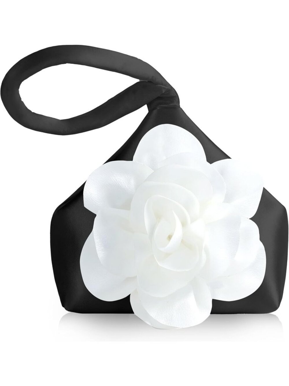 Women's Black White Satin Flower Triangle Clutch Wristlet Purse Prom Evening Bag
